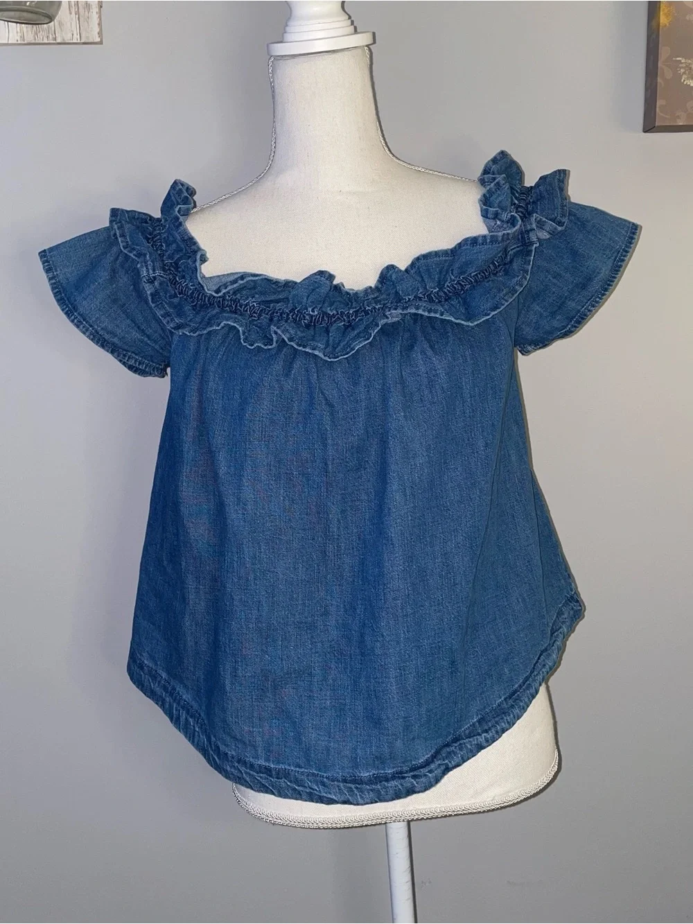 Free People Ruffle Denim Short Sleeve Blouse